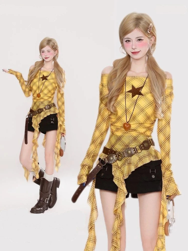 Y2K Plaid Slash Neck Vintage T - Vintage Fashion 评论和价格