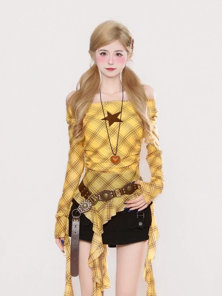 Y2K Plaid Slash Neck Vintage T - Vintage Fashion 评论和价格