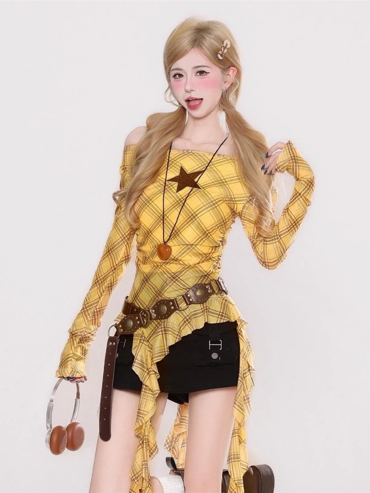 Y2K Plaid Slash Neck Vintage T - Vintage Fashion 评论和价格