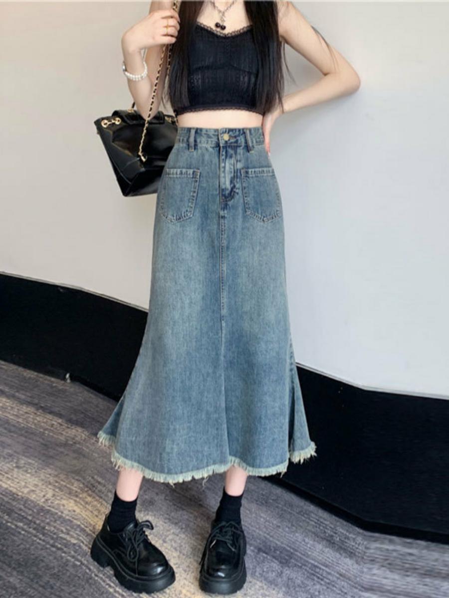 High Waist A-Line Midi Skirt W - Denim Skirt Midi Vintage 评论和价格