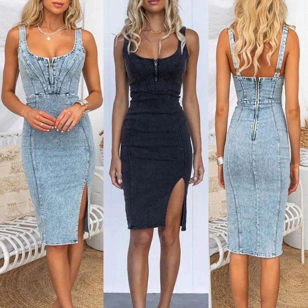 2023 Vintage U-Neck Strapless  - Denim Skirt Midi Vintage 评论和价格