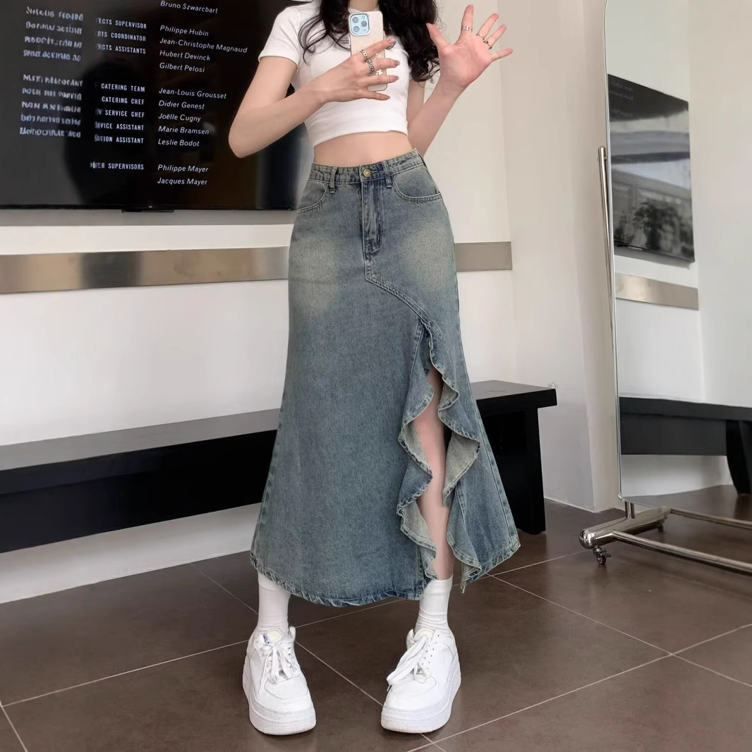Korean High Waist Vintage Blue - Denim Skirt Midi Vintage 评论和价格