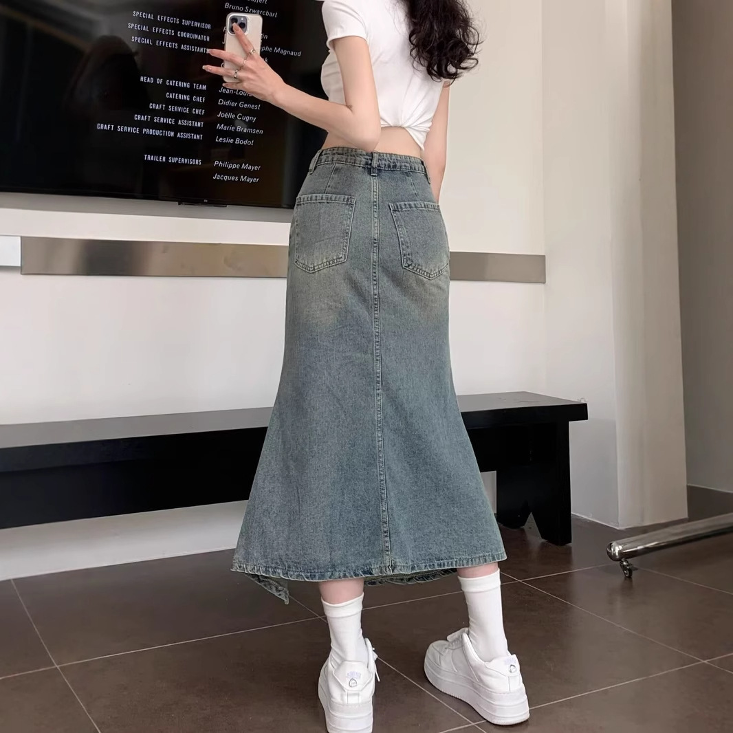 Korean High Waist Vintage Blue - Denim Skirt Midi Vintage 评论和价格